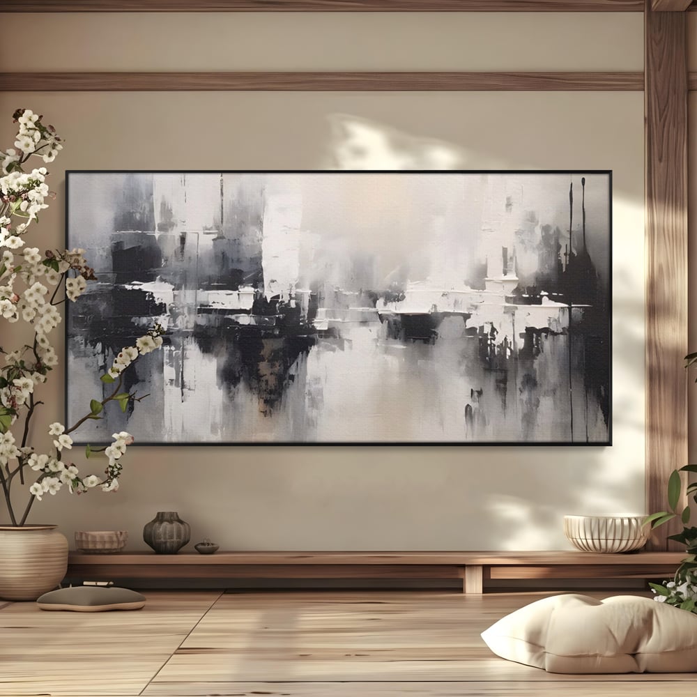 Tablou canvas cu tablou canvas cu peisaj urban abstract gri, in rama de aluminiu negru